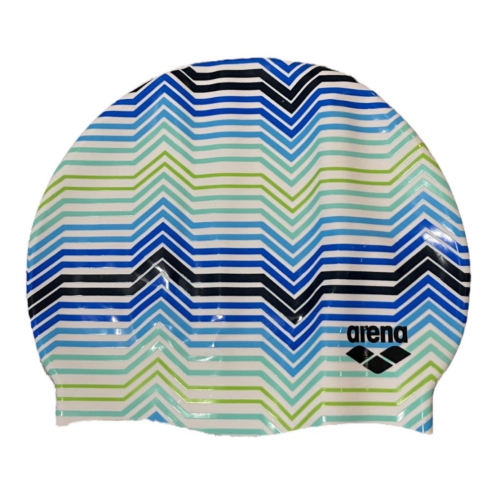 NWT Arena Silicon Swim Cap in Blue, Green, and Black Stripe Pattern
